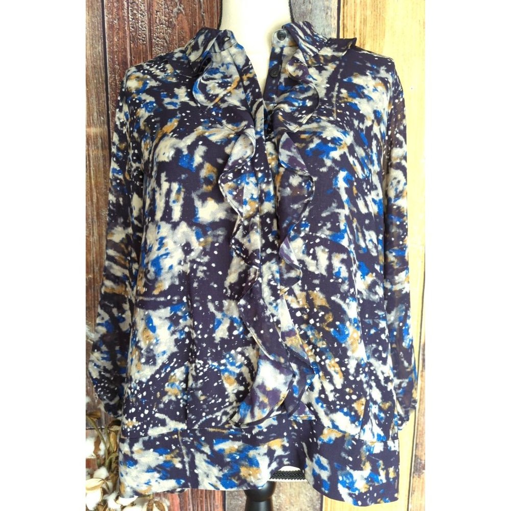 Cabi Womens Starry Night Chiffon Blouse Long Sleeve Ruffle Button Up Navy Size M